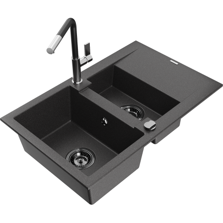 Mexen Gaspar chiuvetă granit 1,5 camere cu scurgător și baterie de bucătărie Flora, negru cu pete - 6507-76-670401-07-B