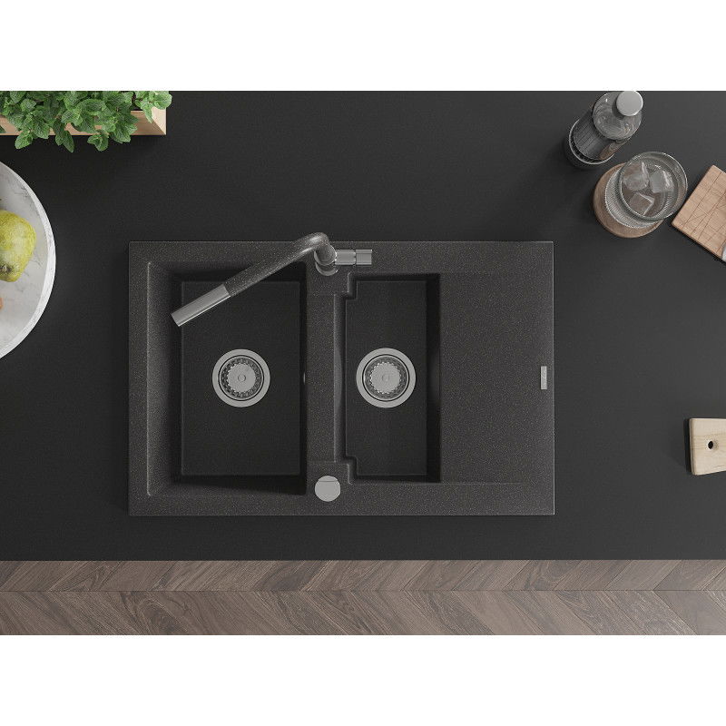 Mexen Gaspar chiuvetă granit 1,5 compartiment cu uscător și baterie de bucătărie Flora, negru pătat - 6507-76-670401-08