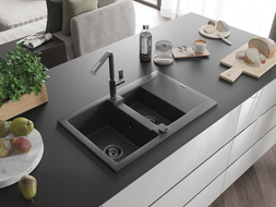 Mexen Gaspar chiuvetă granit 1,5-camere cu picurător și baterie Flora, negru înspicat - 6507-76-670401-08-B