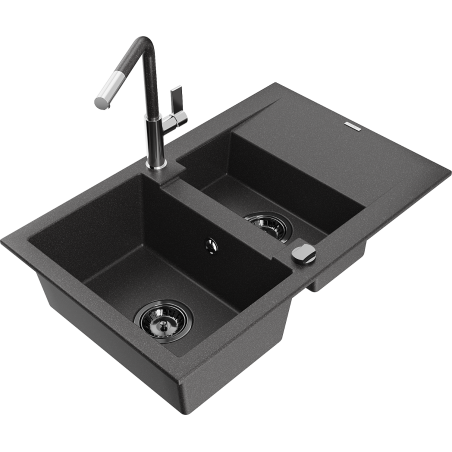 Mexen Gaspar chiuvetă din granit cu 1,5 cuve și scurgător și baterie de bucătărie Flora, negru cu stropi