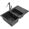 Mexen Gaspar chiuvetă din granit cu 1,5 cuve și scurgător și baterie de bucătărie Flora, negru cu stropi