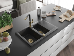 Mexen Gaspar chiuvetă granit 1,5-camere cu scurgător și baterie de bucătărie Flora, negru pătat - 6507-76-670401-57-G