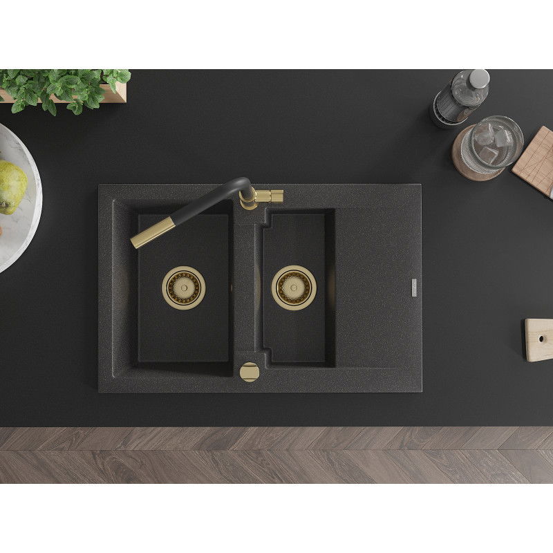 Mexen Gaspar chiuvetă de granit cu 1,5 compartimente, cu scurgător și baterie de bucătărie Flora, negru cu pete