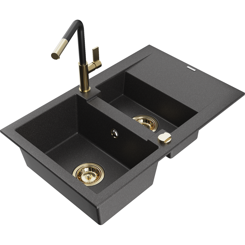 Mexen Gaspar chiuvetă de granit cu 1,5 compartimente, cu scurgător și baterie de bucătărie Flora, negru cu pete