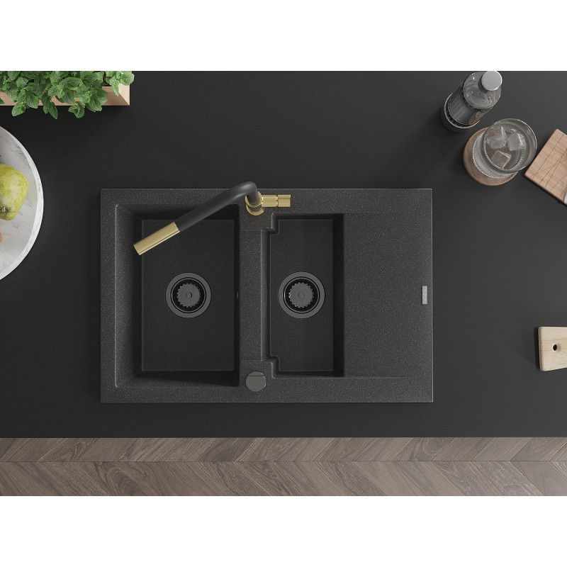 Mexen Gaspar chiuvetă de bucătărie din granit, cu 1,5 cuve și scurgător, și baterie Flora, negru pătat - 6507-76-670401-57-B
