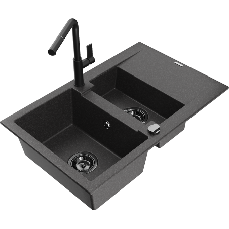 Mexen Gaspar chiuvetă din granit cu 1,5 compartimente cu picurător și baterie de bucătărie Flora, negru punctat