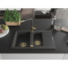 Mexen Gaspar chiuvetă de granit cu 1,5 compartimente cu scurgător și baterie de bucătărie Flora, negru pătat