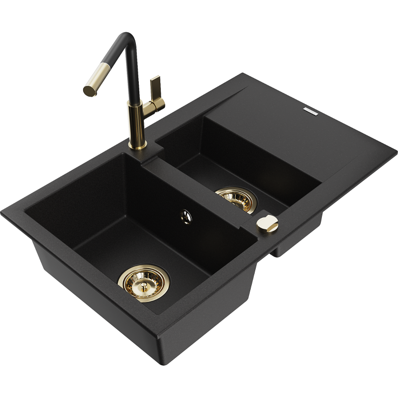 Mexen Gaspar chiuvetă de bucătărie din granit, 1,5 cuve cu scurgător și baterie Flora, negru - 6507-77-670401-57-G