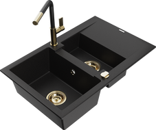 Mexen Gaspar gránit mosogató 1,5 rekeszes csepegtetővel és Flora konyhai csappal, fekete - 6507-77-670401-57-G