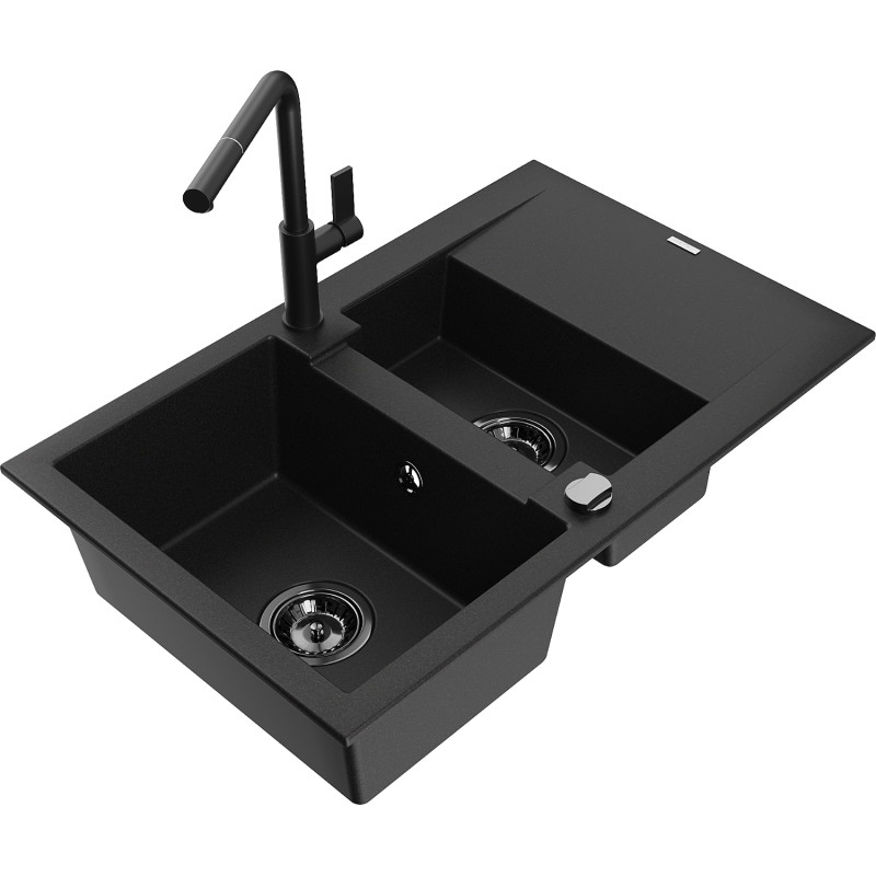 Mexen Gaspar chiuvetă de granit 1,5-cu compartiment cu scurgător și baterie de bucătărie Flora, negru - 6507-77-670401-70-B