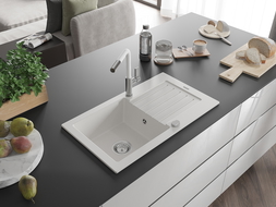 Mexen Pablo gránit mosogató 1-medencés csöpögtetővel és Flora konyhai csapteleppel, fehér - 6510-20-670401-02