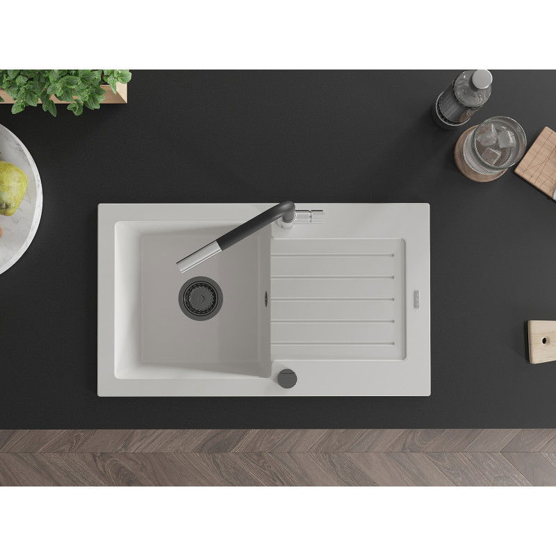 Mexen Pablo 1-medencés gránit mosogató csepegtetővel és Flora konyhai csappal, fehér - 6510-20-670401-07-B