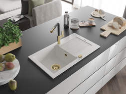 Mexen Pablo chiuvetă de granit cu 1 compartiment, cu scurgător și baterie de bucătărie Flora, alb - 6510-20-670401-57-G