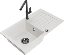 Mexen Pablo egykamrás gránit mosogató lefolyóval és Flora konyhai csappal, fehér - 6510-20-670401-70-B