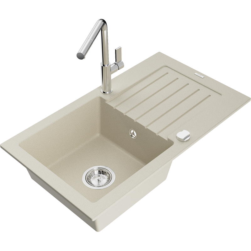 Mexen Pablo 1-medencés gránit mosogató csepegtetővel és Flora konyhai csapteleppel, bézs - 6510-69-670401-00