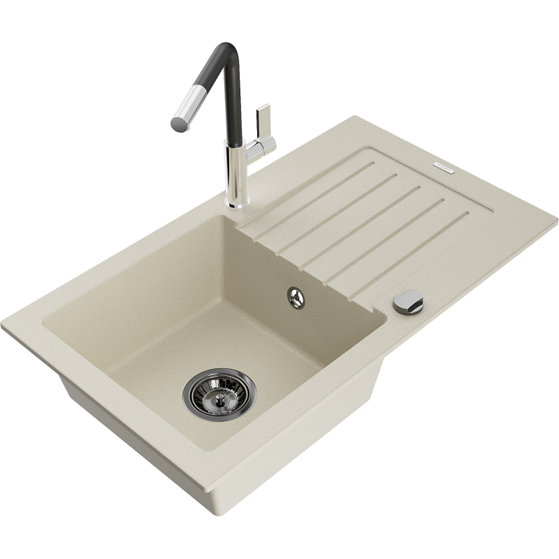 Mexen Pablo egymedencés gránit mosogató csepegtetővel és Flora konyhai csapteleppel, bézs - 6510-69-670401-07-B