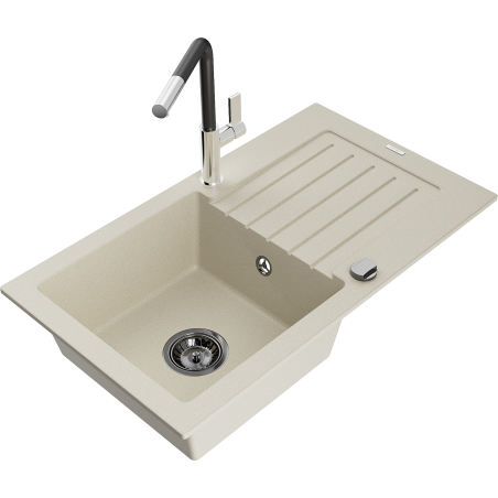 Mexen Pablo egymedencés gránit mosogató csepegtetővel és Flora konyhai csapteleppel, bézs - 6510-69-670401-07-B