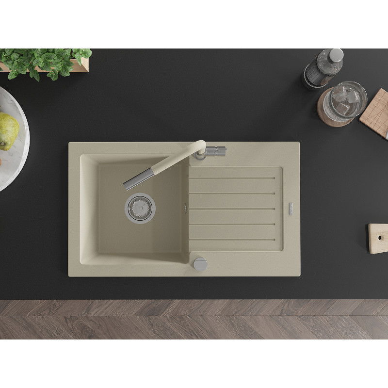 Mexen Pablo gránit egymedencés mosogató csepegtetővel és Flora konyhai csapteleppel, bézs színű - 6510-69-670401-09