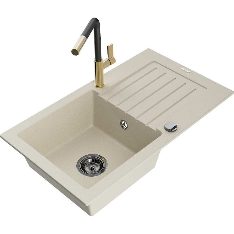 Mexen Pablo chiuvetă de bucătărie din granit cu 1 compartiment cu scurgător și baterie Flora, bej - 6510-69-670401-57-B