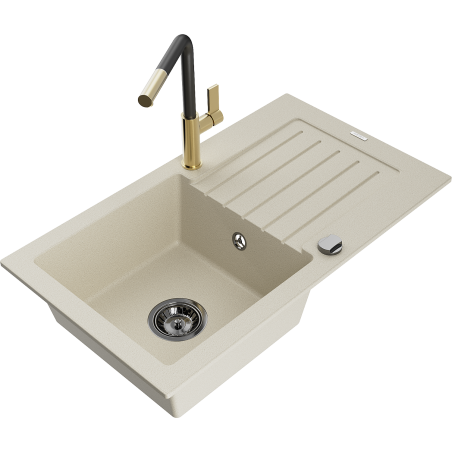 Mexen Pablo chiuvetă de bucătărie din granit cu 1 compartiment cu scurgător și baterie Flora, bej - 6510-69-670401-57-B