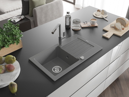 Mexen Pablo 1 rekeszes gránit mosogató szárítóval és Flora konyhai csapteleppel, szürke - 6510-71-670401-06
