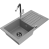 Mexen Pablo chiuvetă de bucătărie din granit cu o cuvă, cu scurgător și baterie Flora, gri - 6510-71-670401-07-B