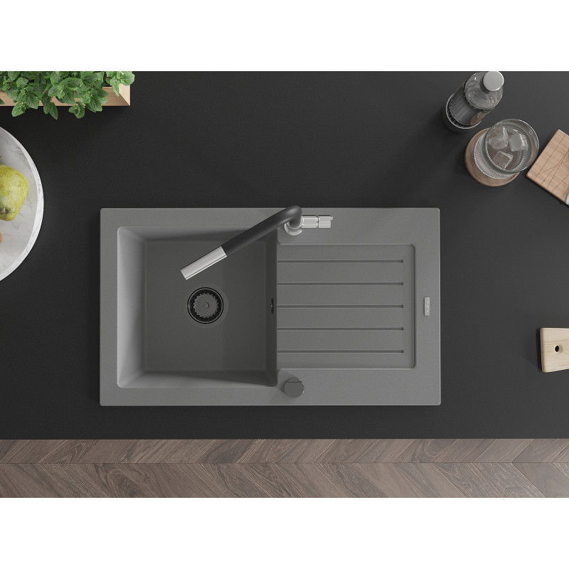 Mexen Pablo gránit mosogató 1-medencés csepegtetővel és Flora konyhai csappal, szürke - 6510-71-670401-07-B