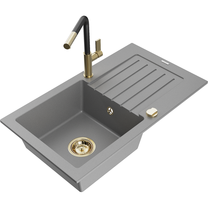 Mexen Pablo chiuvetă din granit cu o cuvă și scurgător și baterie de bucătărie Flora, gri - 6510-71-670401-57-G