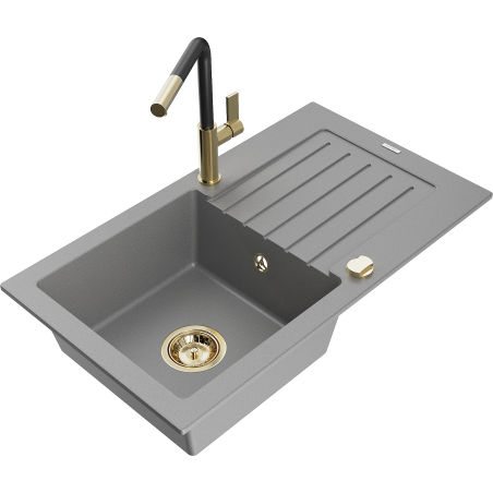 Mexen Pablo chiuvetă din granit cu o cuvă și scurgător și baterie de bucătărie Flora, gri - 6510-71-670401-57-G
