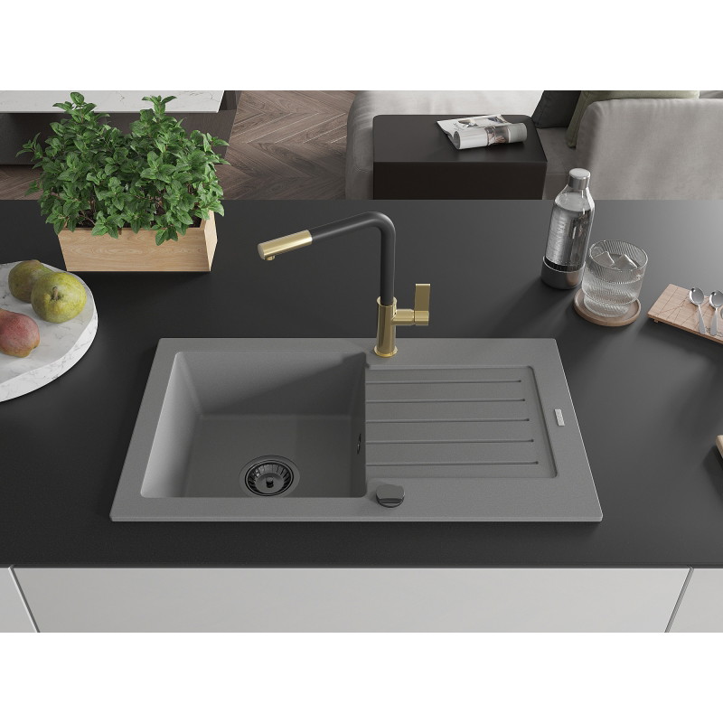 Mexen Pablo egy medencés gránit mosogató csepegtetővel és Flora konyhai csappal, szürke - 6510-71-670401-57-B
