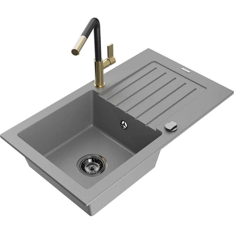 Mexen Pablo egymedencés gránit mosogató csepegtetővel és Flora konyhai csapteleppel, szürke - 6510-71-670401-57-B