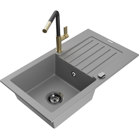 Mexen Pablo egymedencés gránit mosogató csepegtetővel és Flora konyhai csapteleppel, szürke - 6510-71-670401-57-B