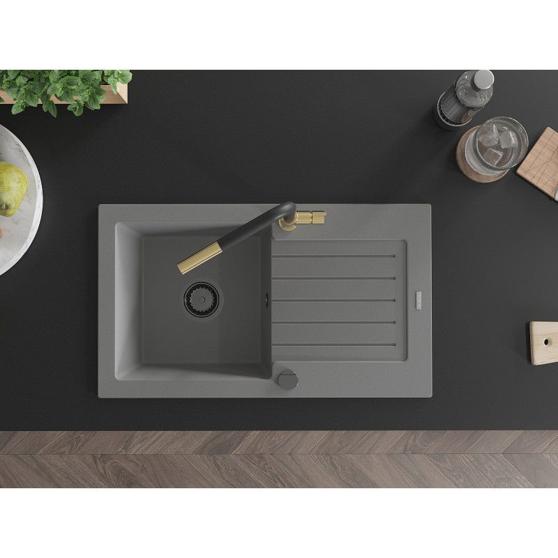 Mexen Pablo egymedencés gránit mosogató csepegtetővel és Flora konyhai csapteleppel, szürke - 6510-71-670401-57-B
