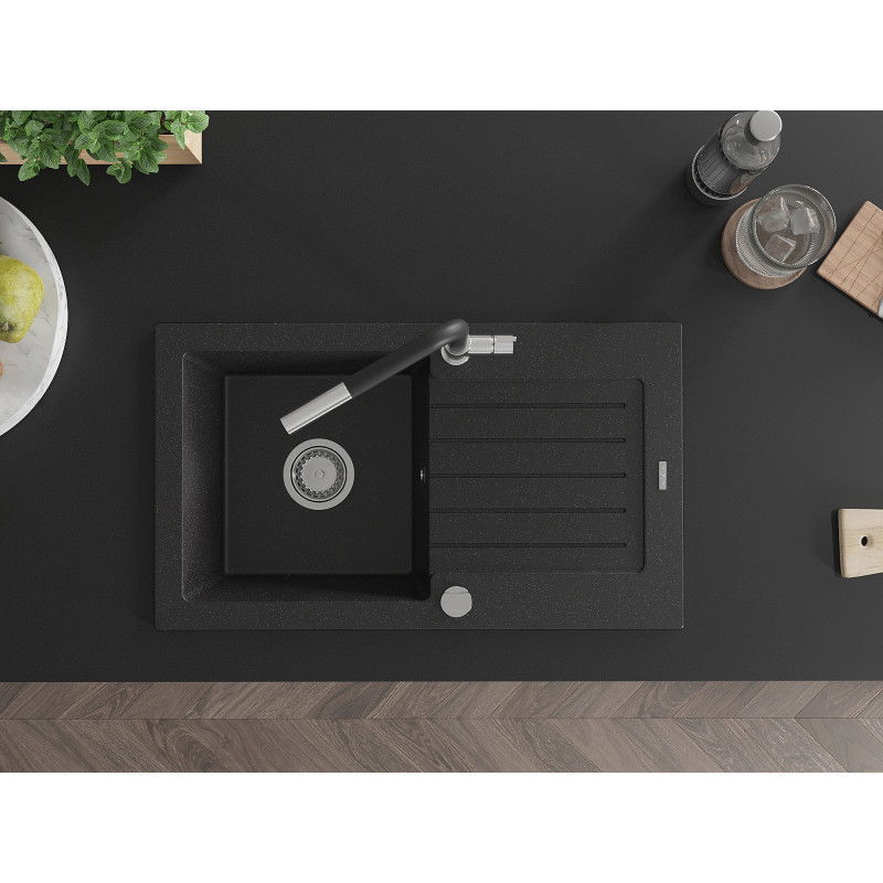 Mexen Pablo egymedencés gránit mosogató csepegtetővel és Flora konyhai csapteleppel, fekete/ezüst metál - 6510-73-670401-07