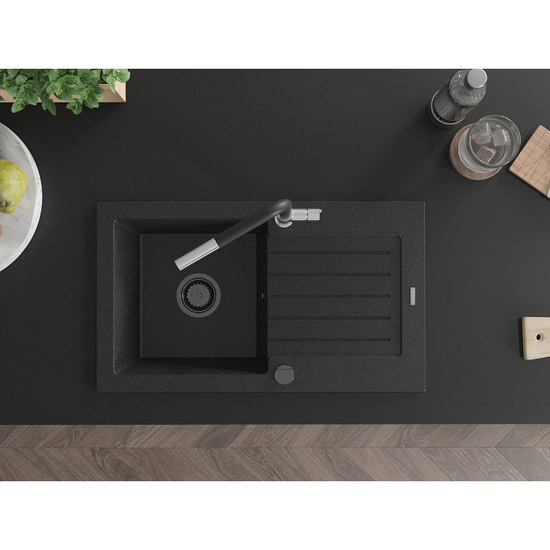 Mexen Pablo chiuvetă de granit cu 1 compartiment, cu picurător și baterie de bucătărie Flora, negru/argintiu metalic