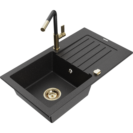 Mexen Pablo chiuvetă de granit cu 1 compartiment cu scurgător și baterie de bucătărie Flora, negru/argintiu metalic