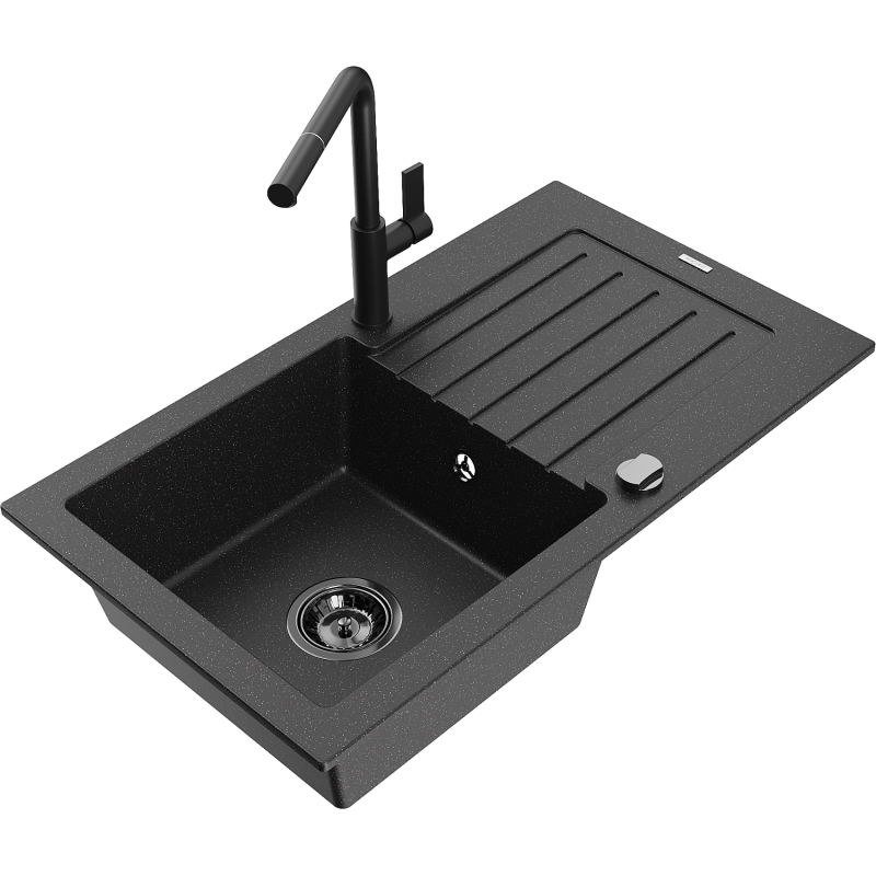 Mexen Pablo chiuvetă din granit cu 1 compartiment cu scurgător și baterie de bucătărie Flora, negru/argintiu metalic