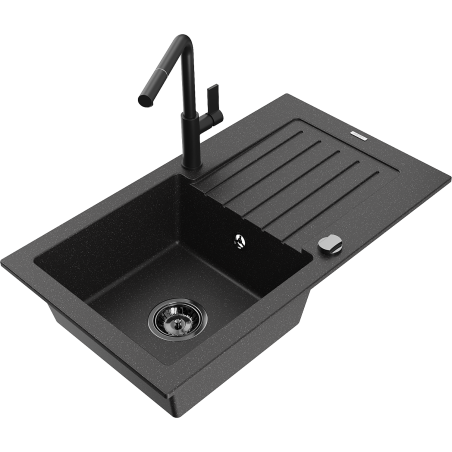 Mexen Pablo chiuvetă din granit cu 1 compartiment cu scurgător și baterie de bucătărie Flora, negru/argintiu metalic