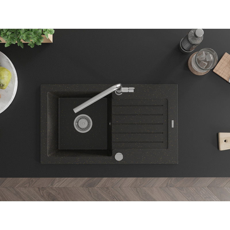 Mexen Pablo chiuvetă de granit cu 1 compartiment cu scurgător și baterie de bucătărie Flora, negru/metalic auriu