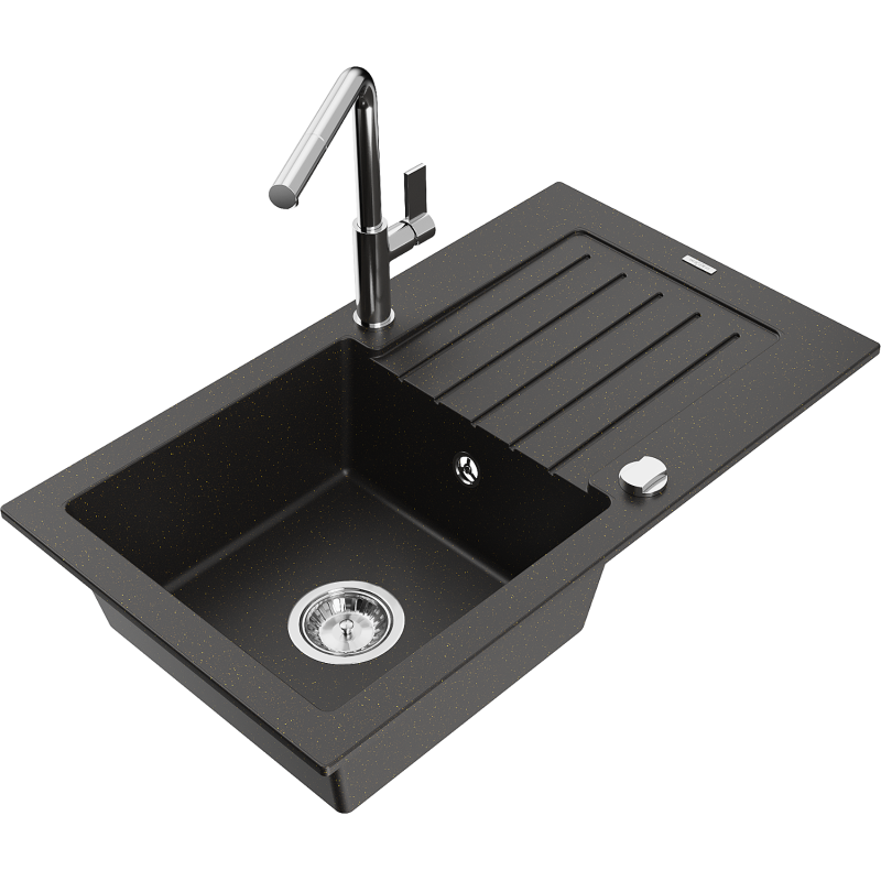 Mexen Pablo chiuvetă de granit cu 1 compartiment cu scurgător și baterie de bucătărie Flora, negru/metalic auriu