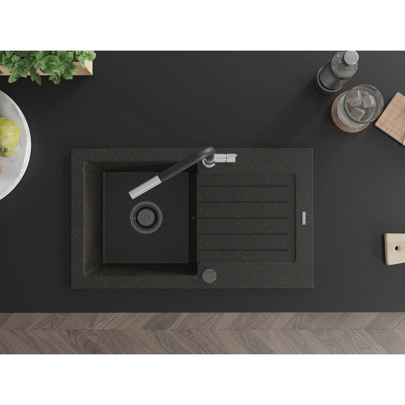 Mexen Pablo 1-medencés gránit mosogató lefolyóval és Flora konyhai csappal, fekete/arany metál - 6510-75-670401-07-B