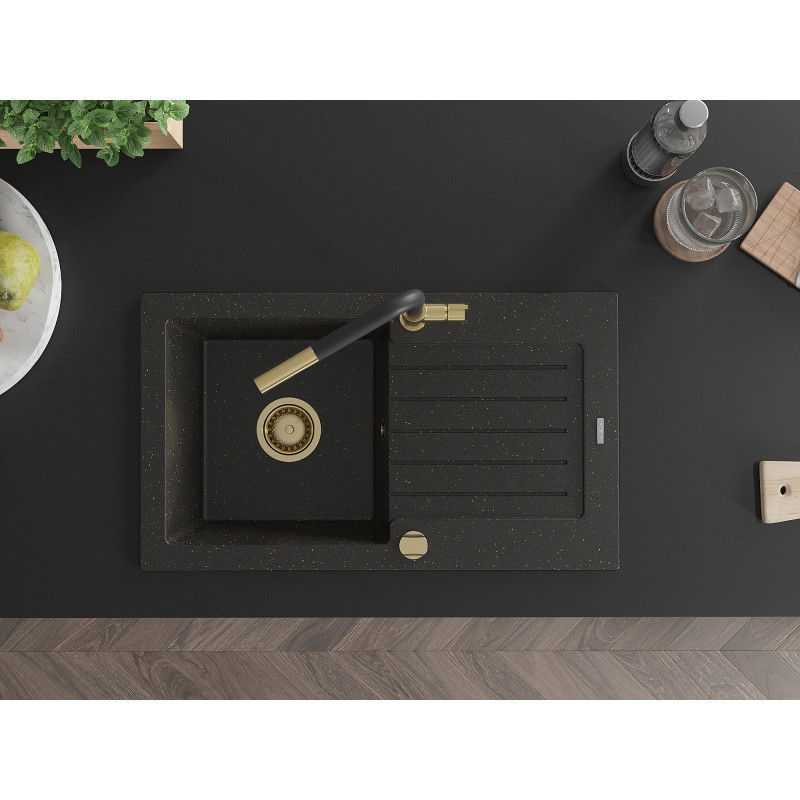 Mexen Pablo gránit mosogató 1-medencés csepegtetővel és Flora konyhai csapteleppel, fekete/arany metál - 6510-75-670401-57-G