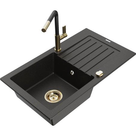 Mexen Pablo chiuvetă de granit cu o singură cuvă cu scurgător și baterie de bucătărie Flora, negru/auriu metalic