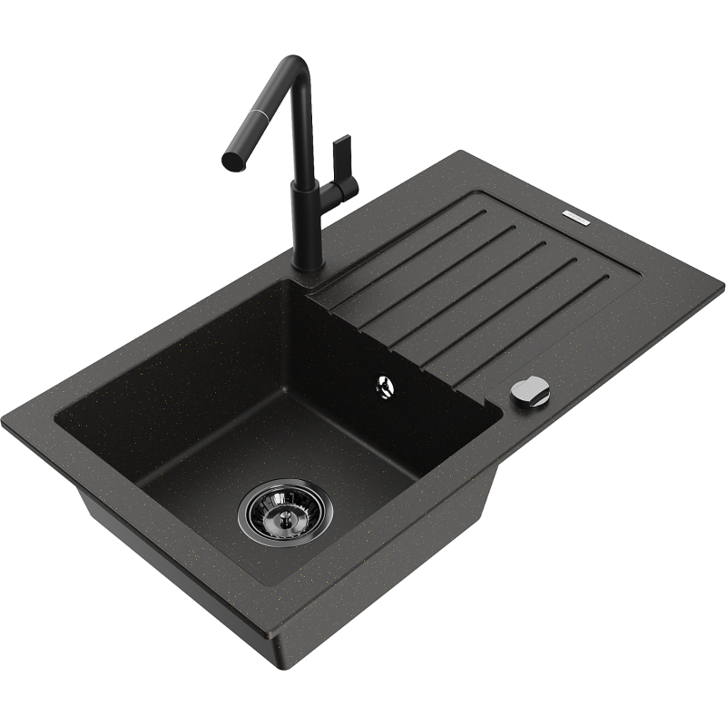 Mexen Pablo chiuvetă de granit cu 1 compartiment cu scurgător și baterie de bucătărie Flora, negru/auriu metalic