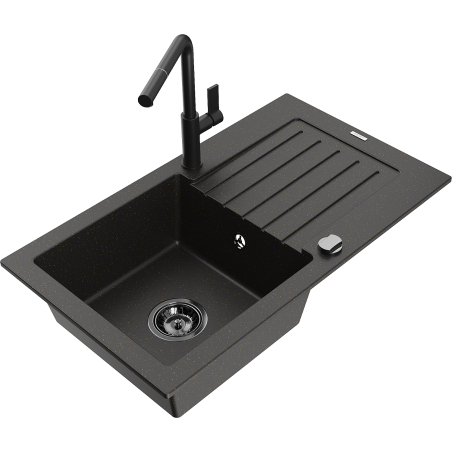 Mexen Pablo chiuvetă de granit cu 1 compartiment cu scurgător și baterie de bucătărie Flora, negru/auriu metalic