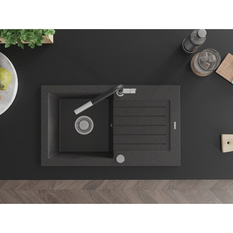 Mexen Pablo chiuvetă granit 1 compartiment cu picurător și baterie de bucătărie Flora, negru cu pete - 6510-76-670401-07