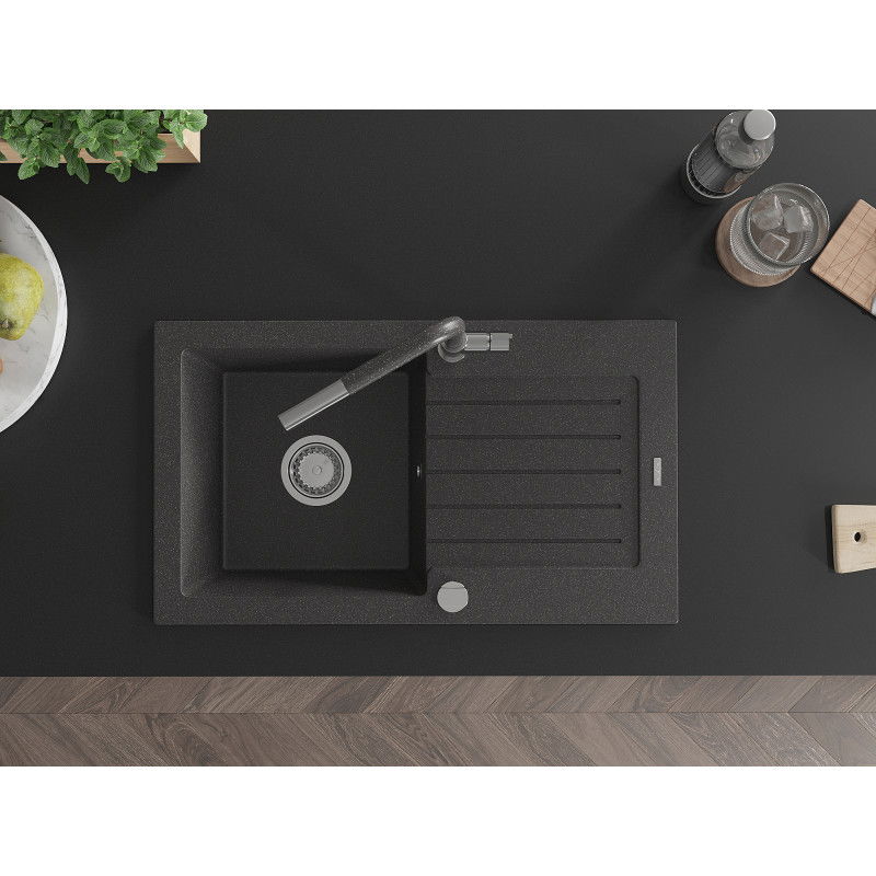 Mexen Pablo egymedencés gránit mosogató csöpögtetővel és Flora konyhai csapteleppel, fekete pöttyös - 6510-76-670401-08
