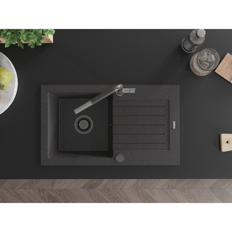 Mexen Pablo egymedencés gránit mosogató csepegtetővel és Flora konyhai csappal, fekete pöttyös - 6510-76-670401-08-B