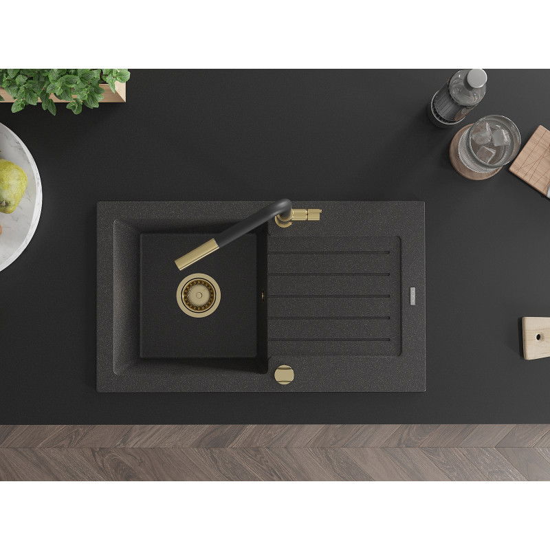 Mexen Pablo chiuvetă din granit cu 1 compartiment cu scurgător și baterie de bucătărie Flora, negru pătat - 6510-76-670401-57-G