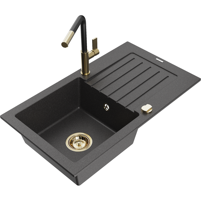 Mexen Pablo 1-kamrás gránit mosogató csepegtetővel és Flora konyhai csapteleppel, fekete pöttyös - 6510-76-670401-57-G